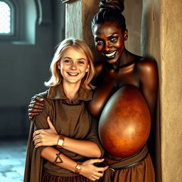 Beside a pillar in a medieval room, a very happy young woman with medium-length blonde hair, aged 19, exudes joy despite her malnourished appearance
