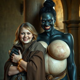Beside a pillar in a medieval room, a very happy young woman with medium-length blonde hair, aged 19, radiates joy despite her malnourished appearance