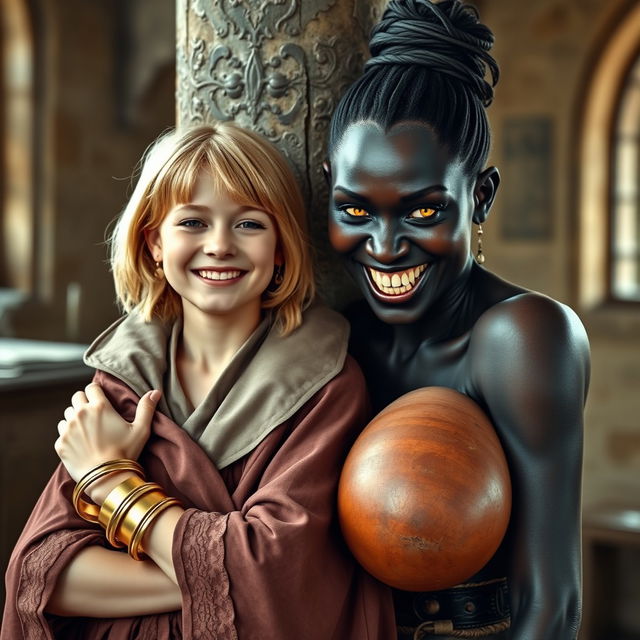 Beside a pillar in a medieval room, a very happy young woman with medium-length blonde hair, aged 19, radiates joy despite her malnourished appearance