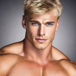 A hot, boyish and muscular man with feminine traits, blonde hair and captivating hazel eyes, rendering him intriguingly attractive.