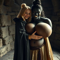 In a medieval room, a very happy malnourished 19-year-old blonde girl with medium-length hair, wearing a long, fully closed noble cloak and a thick gold bracelet, is embracing a tall, voluptuous evil woman with exaggeratedly large breasts, described as the biggest in the world, overflowing and disproportionate compared to her head