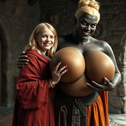 In a medieval room, a very happy malnourished 19-year-old blonde girl with medium-length hair, wearing a long, fully closed noble cloak and a thick gold bracelet, is embracing a tall, voluptuous evil woman with exaggeratedly large breasts, described as the biggest in the world, overflowing and disproportionate compared to her head