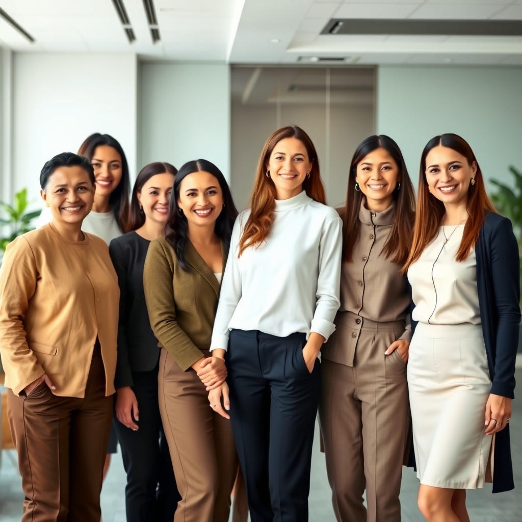 A group of beautiful, smiling women dressed in professional, modest attire