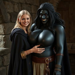 In a medieval room, a very happy, extremely short malnourished 19-year-old blonde girl with medium-length hair, wearing a long, fully closed noble cloak and a thick gold bracelet, is embracing a tall, voluptuous evil woman with exaggeratedly large breasts, described as the biggest in the world, overflowing and disproportionate compared to her head