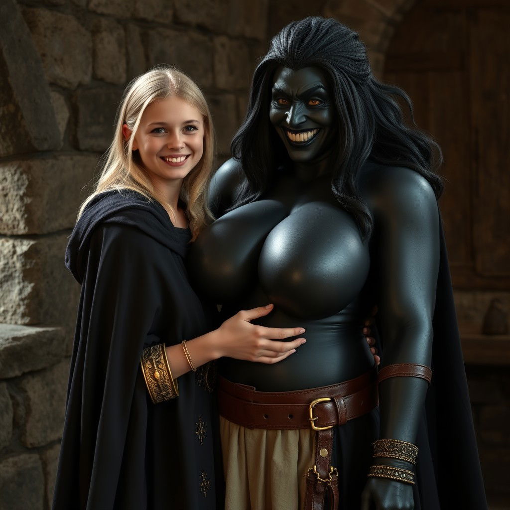 In a medieval room, a very happy, extremely short malnourished 19-year-old blonde girl with medium-length hair, wearing a long, fully closed noble cloak and a thick gold bracelet, is embracing a tall, voluptuous evil woman with exaggeratedly large breasts, described as the biggest in the world, overflowing and disproportionate compared to her head