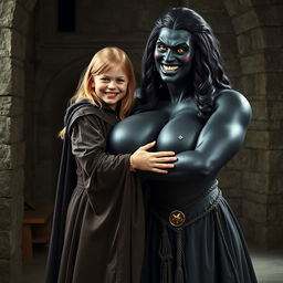 In a medieval room, a very happy, extremely short malnourished 19-year-old blonde girl with medium-length hair, wearing a long, fully closed noble cloak and a thick gold bracelet, is embracing a tall, voluptuous evil woman with exaggeratedly large breasts, described as the biggest in the world, overflowing and disproportionate compared to her head