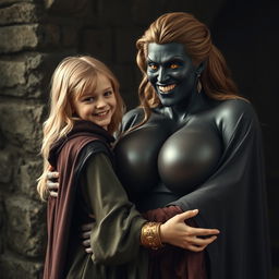 In a medieval room, a very happy, extremely short malnourished 19-year-old blonde girl with medium-length hair, wearing a long, fully closed noble cloak and a thick gold bracelet, is embracing a tall, voluptuous evil woman with exaggeratedly large breasts, described as the biggest in the world, overflowing and disproportionate compared to her head