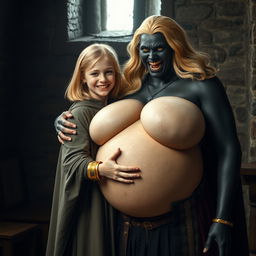 In a medieval room, a very happy, extremely short malnourished 19-year-old blonde girl with medium-length hair, wearing a long, fully closed noble cloak and a thick gold bracelet, is embracing a tall, voluptuous evil woman with exaggeratedly large breasts, described as the biggest in the world, overflowing and disproportionate compared to her head