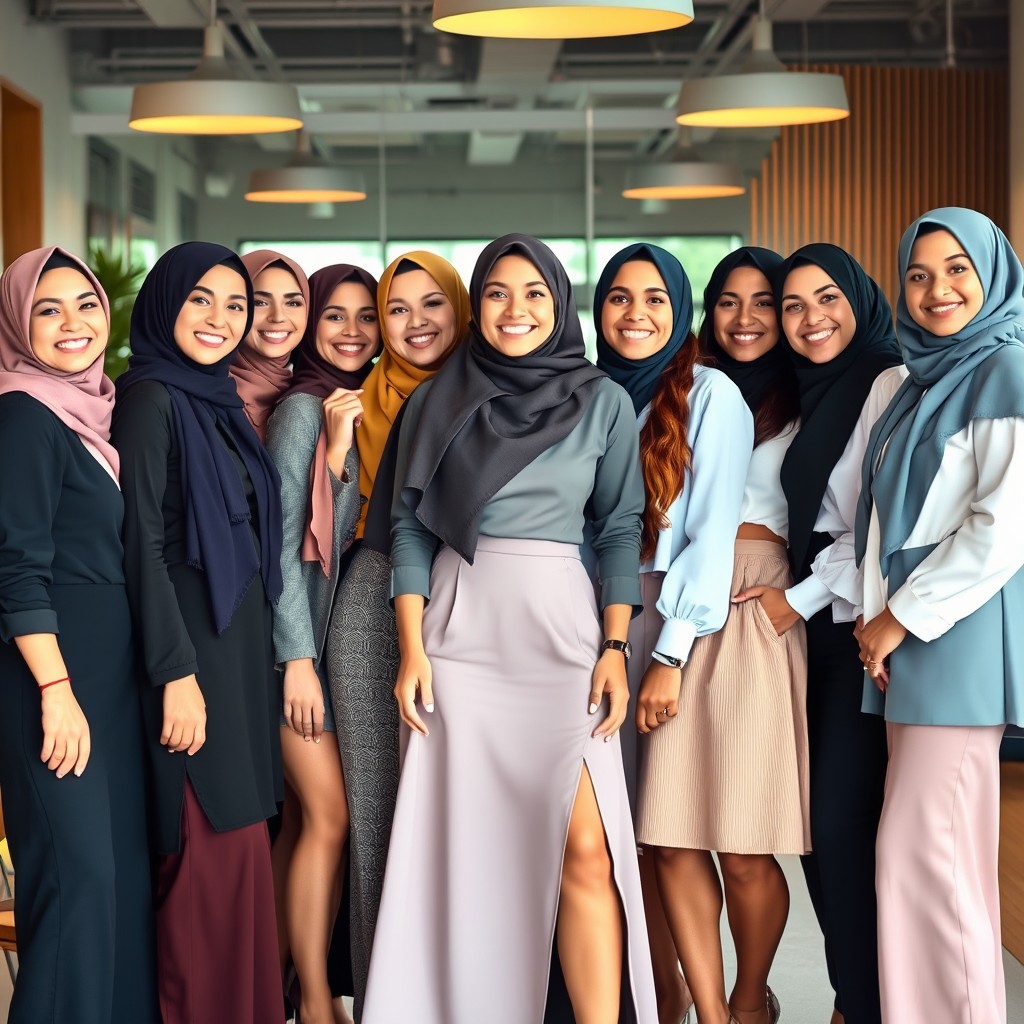 A vibrant scene featuring a group of beautiful, smiling women dressed in professional attire, exuding confidence and warmth