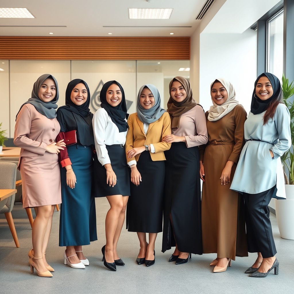 A lively scene featuring a group of beautiful, smiling women dressed in professional, modest attire