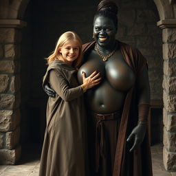 In a medieval room, a very happy malnourished 19-year-old blonde girl with medium-length hair, who is very short, wearing a long, fully closed noble cloak and a thick gold bracelet, is standing with her arms straight, embracing a tall, voluptuous evil woman with extraordinarily large breasts, described as the biggest in the world, overflowing and disproportionate under her stature