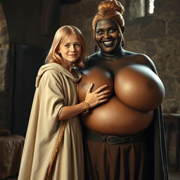 In a medieval room, a very happy malnourished 19-year-old blonde girl with medium-length hair, who is very short, wearing a long, fully closed noble cloak and a thick gold bracelet, is standing with her arms straight, embracing a tall, voluptuous evil woman with extraordinarily large breasts, described as the biggest in the world, overflowing and disproportionate under her stature