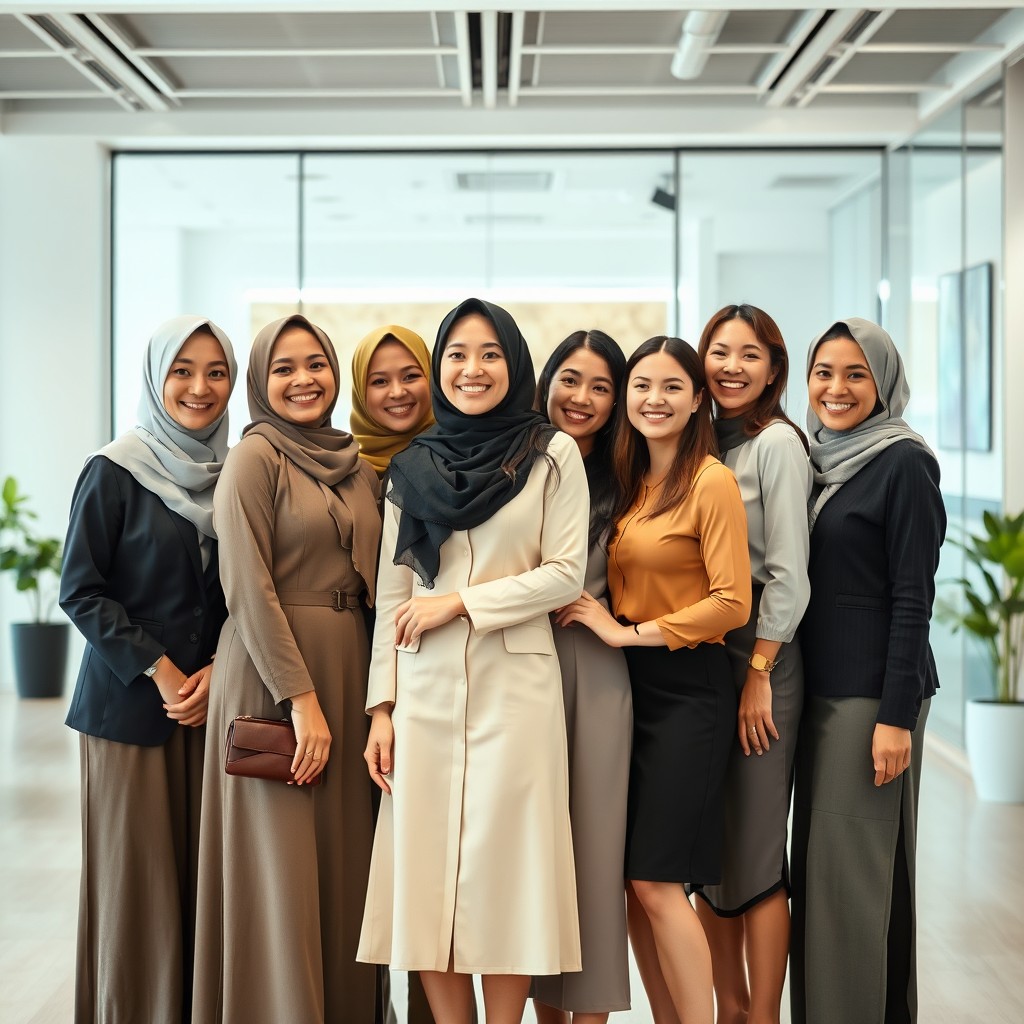 A cheerful group of beautiful, smiling women elegantly dressed in professional attire, showcasing a blend of modesty and style