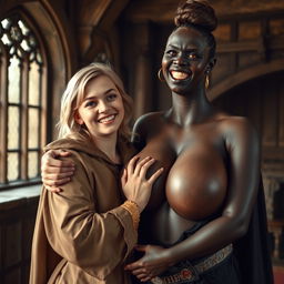 In a medieval room, a very happy young blonde woman, 19 years old, quite short with medium-length hair, wearing a noble cloak with a long closed collar and a thick golden bracelet