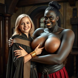 In a medieval room, a very happy young blonde woman, 19 years old, quite short with medium-length hair, wearing a noble cloak with a long closed collar and a thick golden bracelet