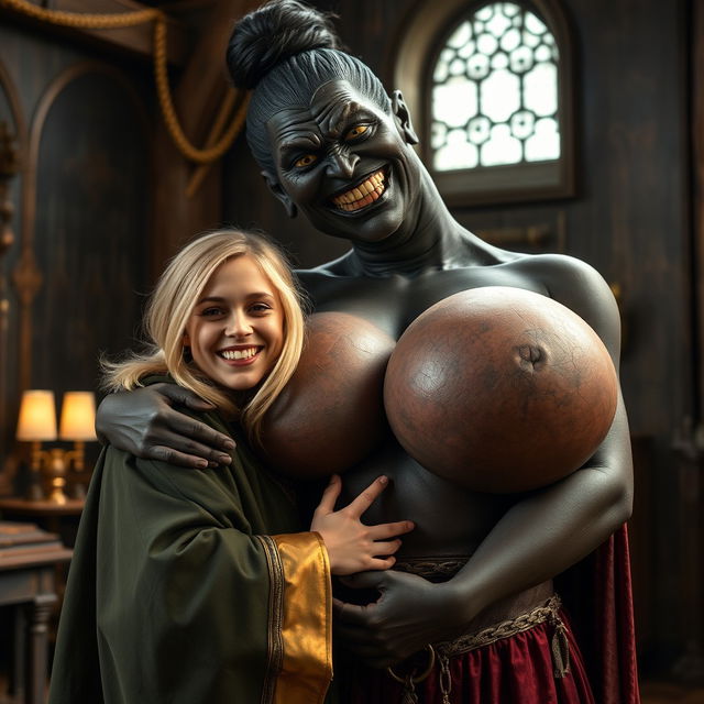 In a medieval room, a very happy young blonde woman, 19 years old, quite short with medium-length hair, wearing a noble cloak with a long closed collar and a thick golden bracelet
