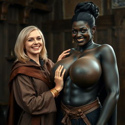 In a medieval room, a very happy young blonde woman, 19 years old, quite short with medium-length hair, wearing a noble cloak with a long closed collar and a thick golden bracelet