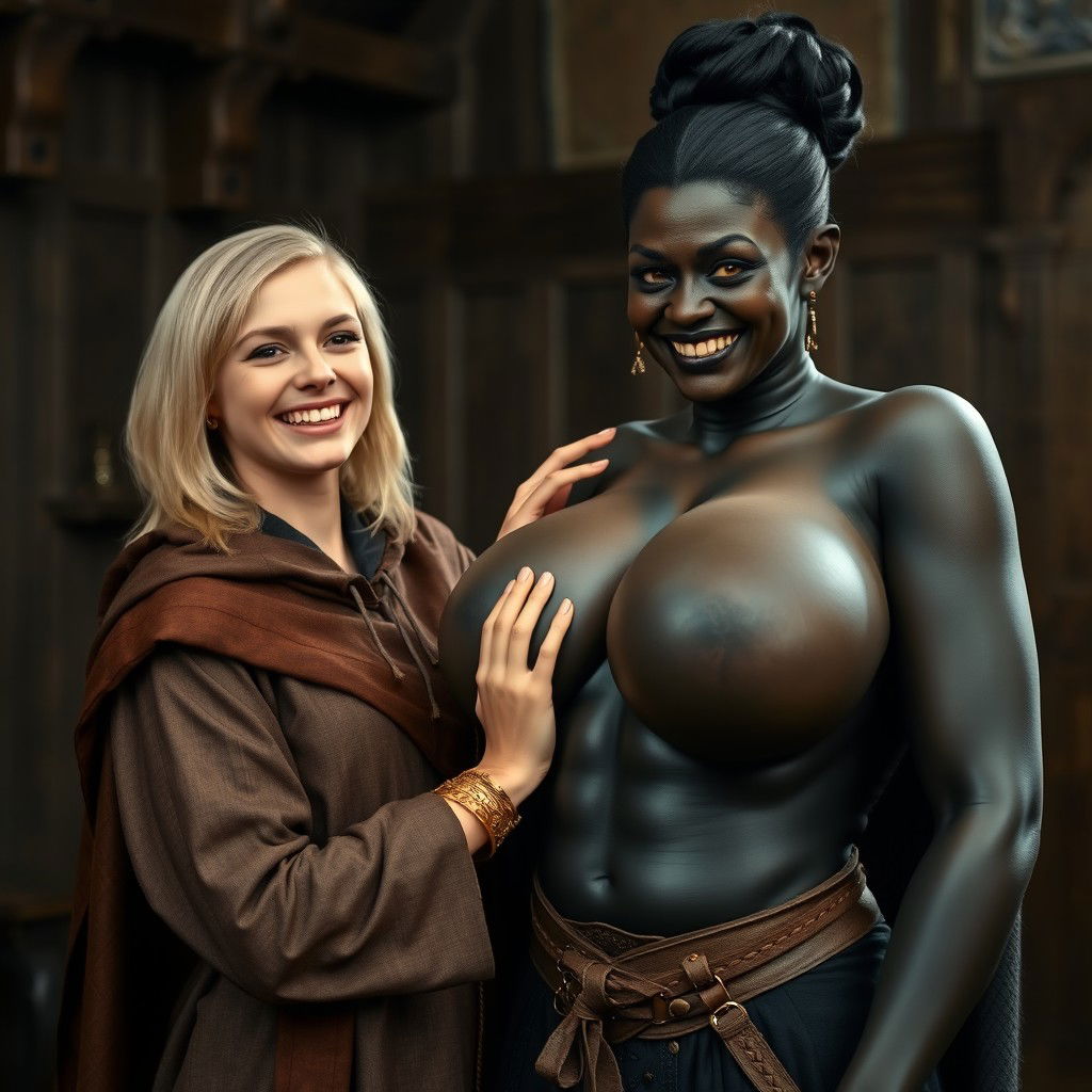 In a medieval room, a very happy young blonde woman, 19 years old, quite short with medium-length hair, wearing a noble cloak with a long closed collar and a thick golden bracelet