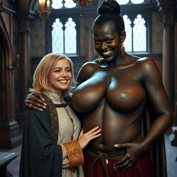 In a medieval room, a very happy young blonde woman, 19 years old, quite short with medium-length hair, wearing a noble cloak with a long closed collar and a thick golden bracelet