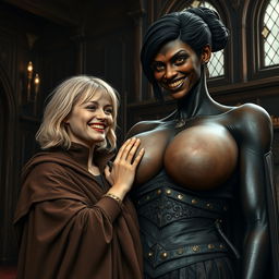 In a medieval room, a very happy, malnourished young blonde woman, 19 years old and quite short with medium-length hair, adorned with a thick golden bracelet