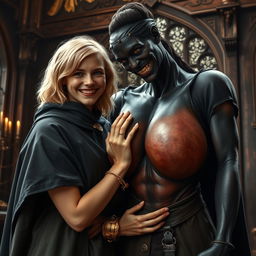 In a medieval room, a very happy, malnourished young blonde woman, 19 years old and quite short with medium-length hair, adorned with a thick golden bracelet