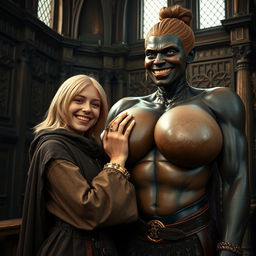 In a medieval room, a very happy, malnourished young blonde woman, 19 years old and quite short with medium-length hair, adorned with a thick golden bracelet