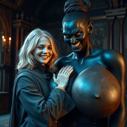 In a medieval room, a very happy, malnourished young blonde woman, 19 years old and quite short with medium-length hair, adorned with a thick golden bracelet