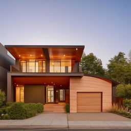 A modern, two-story bungalow with a North-facing entry door on the left side and parking on the right. The second floor features a front gallery to the left, brown corner-side design, and an open sliding window to the right with a domed shaped elevation above it, followed by a terrace.