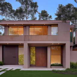 A modern, two-story bungalow with a North-facing entry door on the left side and parking on the right. The second floor features a front gallery to the left, brown corner-side design, and an open sliding window to the right with a domed shaped elevation above it, followed by a terrace.