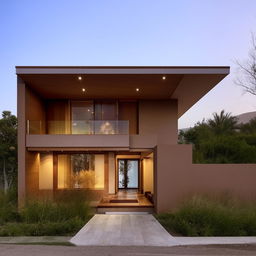 A modern, two-story bungalow with a North-facing entry door on the left side and parking on the right. The second floor features a front gallery to the left, brown corner-side design, and an open sliding window to the right with a domed shaped elevation above it, followed by a terrace.