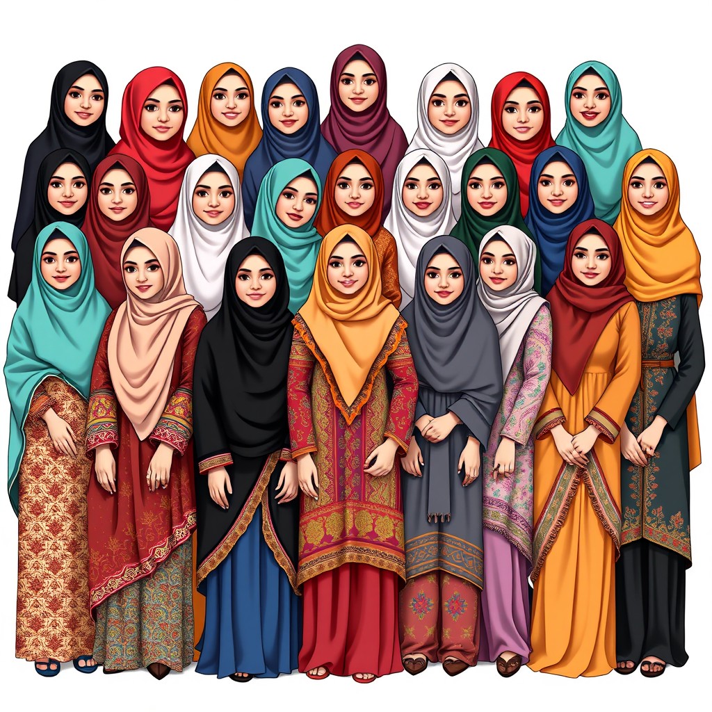 A diverse group of Muslim women, showcasing a variety of traditional outfits