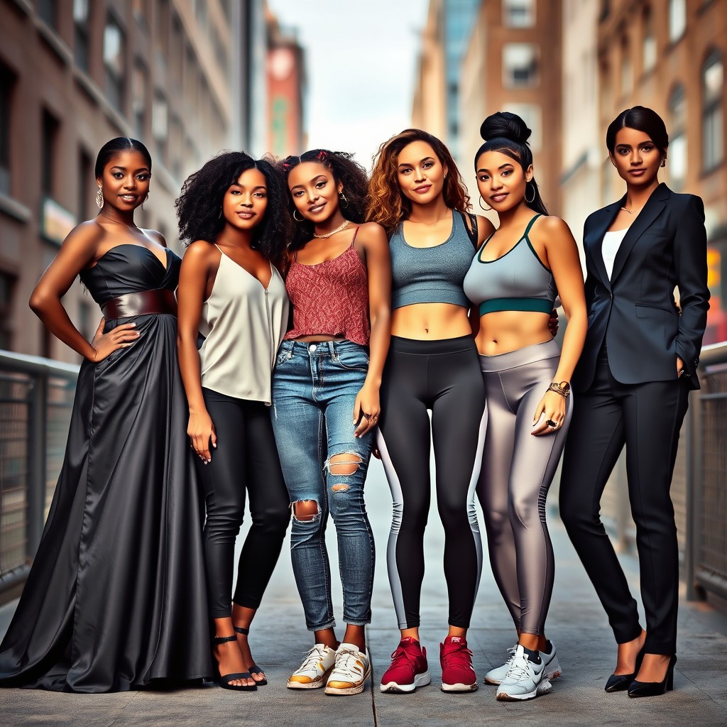 A captivating scene featuring a group of beautiful, diverse women, each representing a different style of clothing that reflects their unique personalities and lifestyles