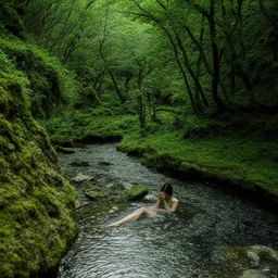 A beautiful, tall Korean girl bathing in a clear stream, surrounded by a stunningly beautiful forest.