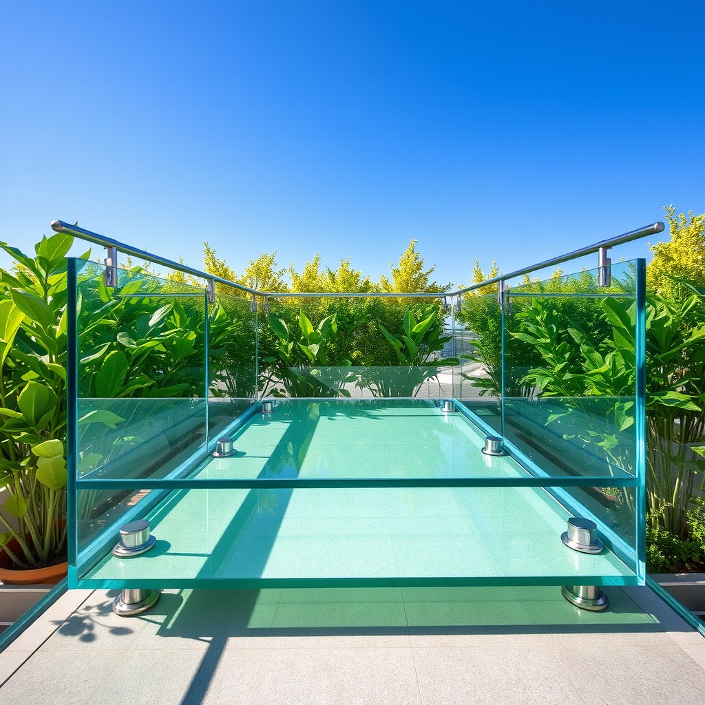 A small rectangular terrace measuring 1 by 3 meters, crafted entirely from sleek, transparent glass