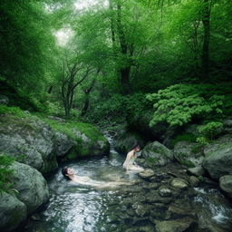 A beautiful, tall Korean girl bathing in a clear stream, surrounded by a stunningly beautiful forest.