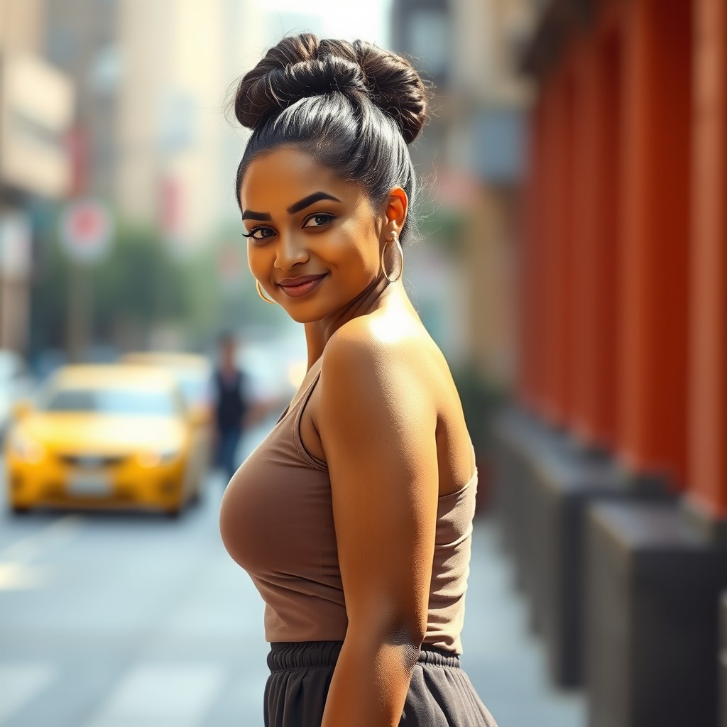 A stunning Indian woman with a full, curvy figure standing tall and proud, showcasing her tight big bun hairstyle