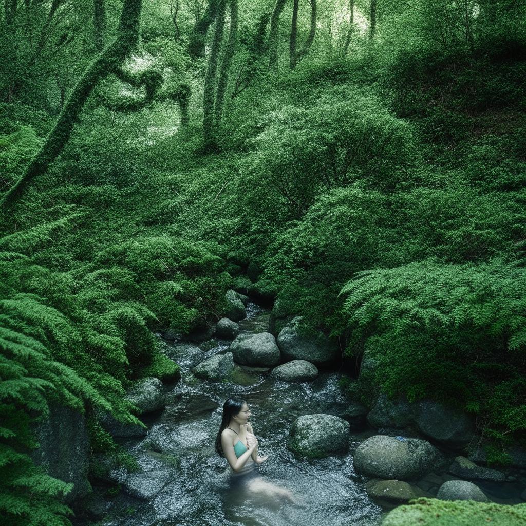 A beautiful, tall Korean girl bathing in a clear stream, surrounded by a stunningly beautiful forest.