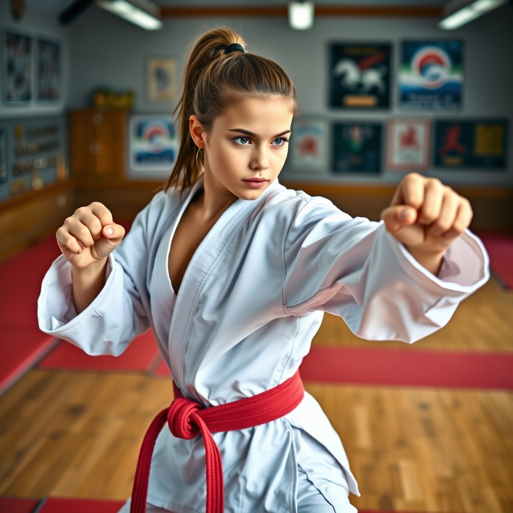 A young female martial artist in a dynamic karate pose, wearing a traditional white gi with a colored belt, focused expression on her face