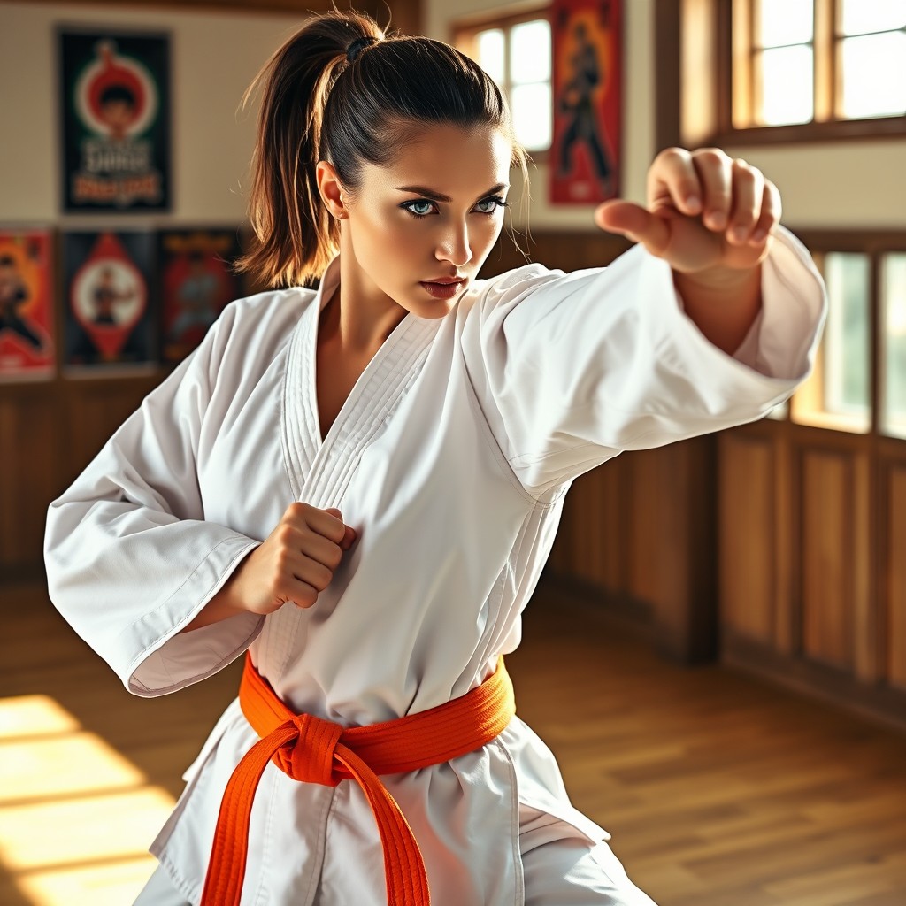 A skilled female martial artist in an impressive karate stance, wearing a crisp white gi with a bright colored belt, showcasing her athleticism and dedication