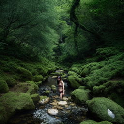 A beautiful, tall Korean girl bathing in a clear stream, surrounded by a stunningly beautiful forest.