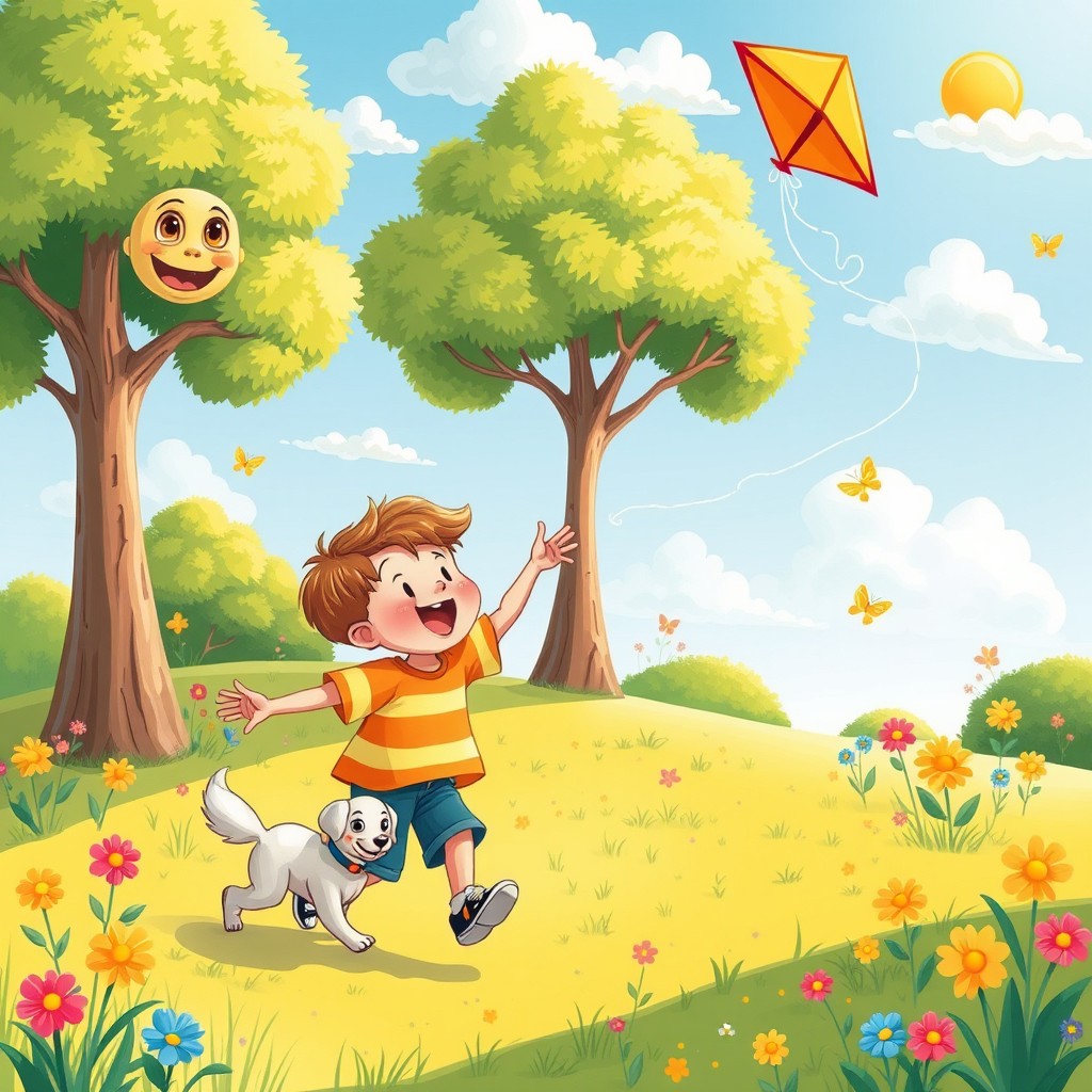 A whimsical and colorful illustration for a children's book featuring a playful boy in a vibrant landscape