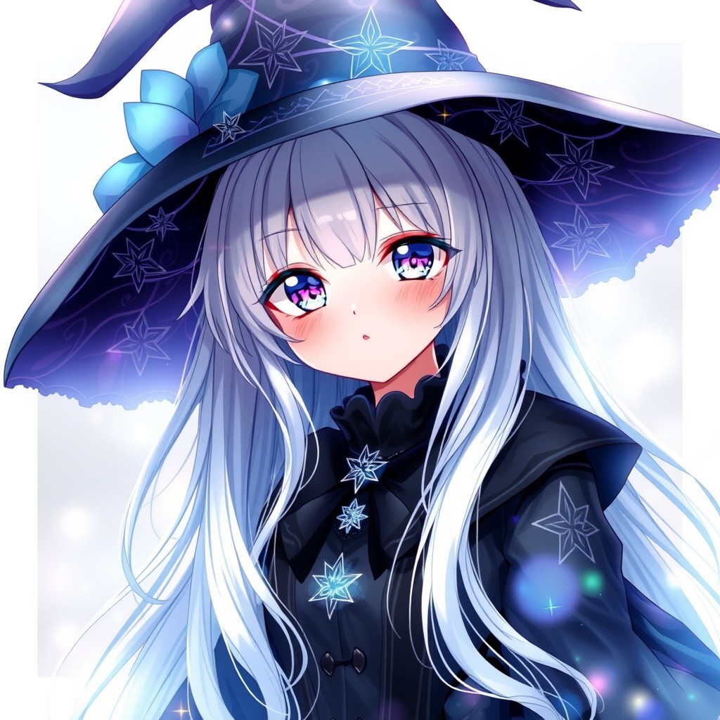A beautiful anime girl with long, cascading silver hair and stunning gradient purple-blue eyes