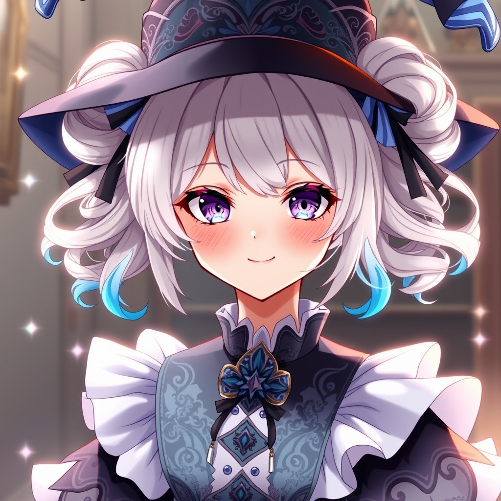 An elegant anime girl with fluffy platinum-blonde hair styled into twin pigtails that feature blue gradient tips