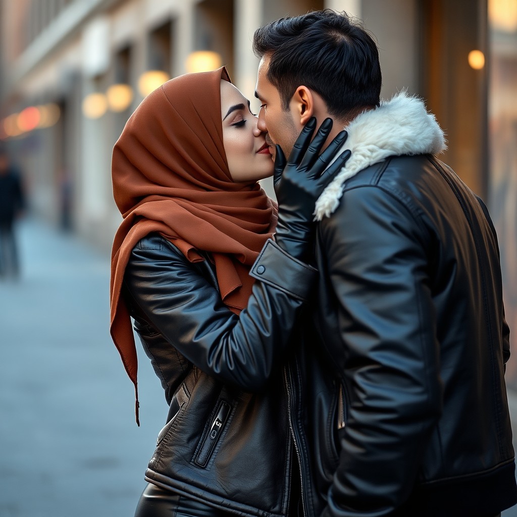 A woman wearing a hijab and black leather leggings, with leather gloves and a leather jacket featuring a white fur collar, is passionately kissing a man in front of her