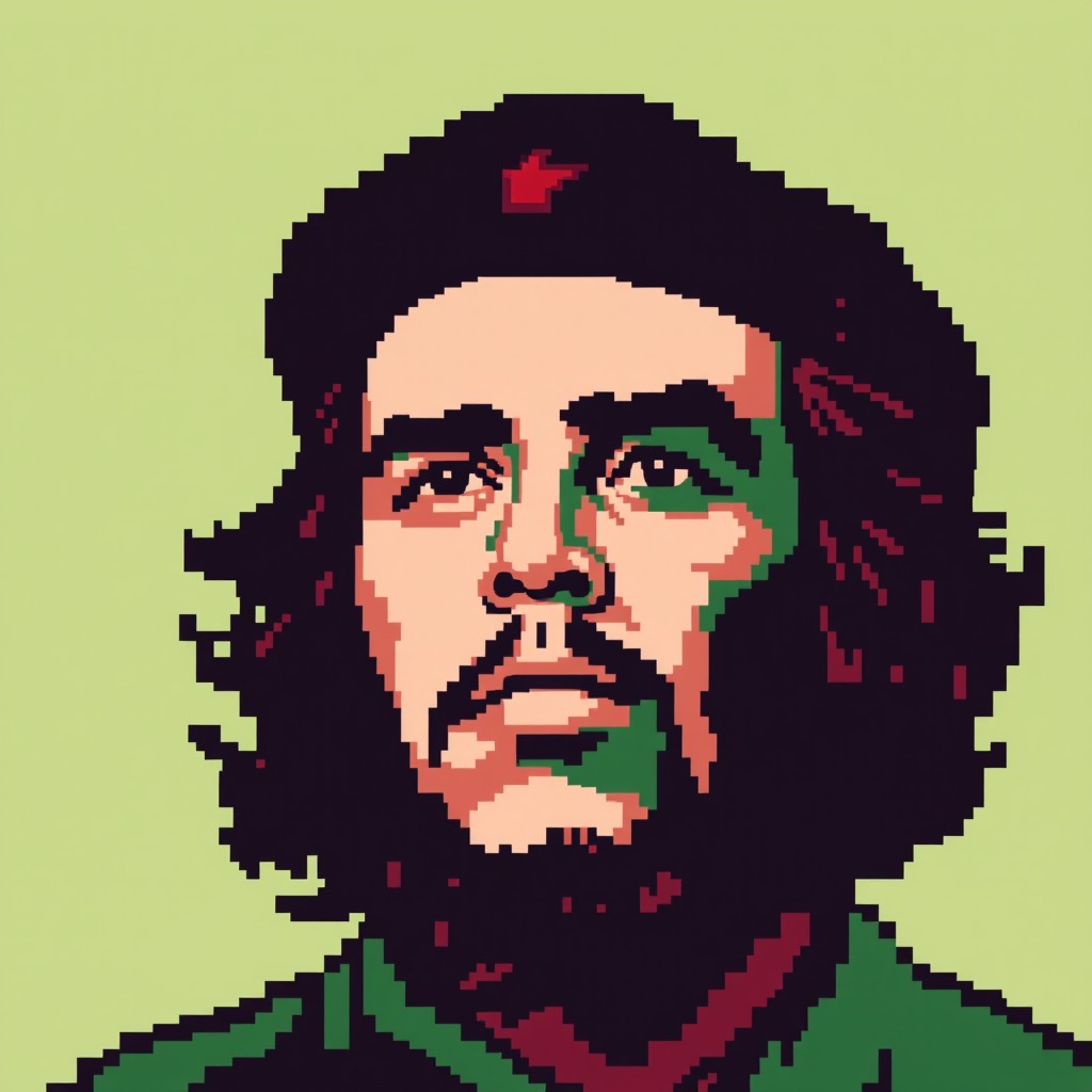 A detailed pixel art representation of Che Guevara, showcasing his iconic beret and facial features with a determined expression