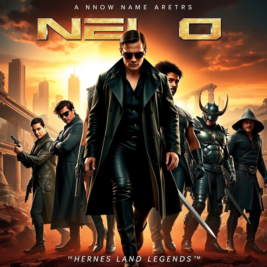 A dynamic and action-packed movie poster featuring seven iconic characters