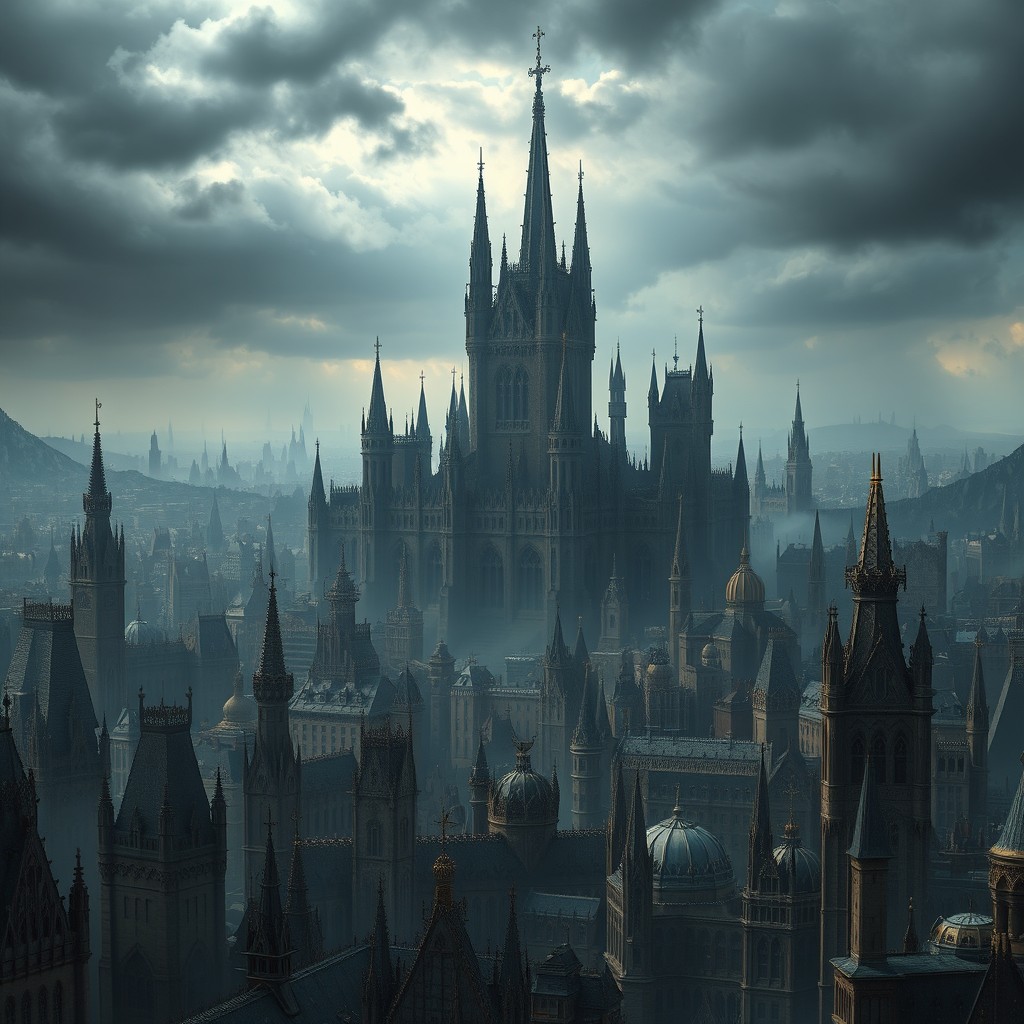 An expansive giant gothic cityscape filled with hundreds of towering skyscrapers, each adorned with intricate gothic architectural details like spires and gargoyles