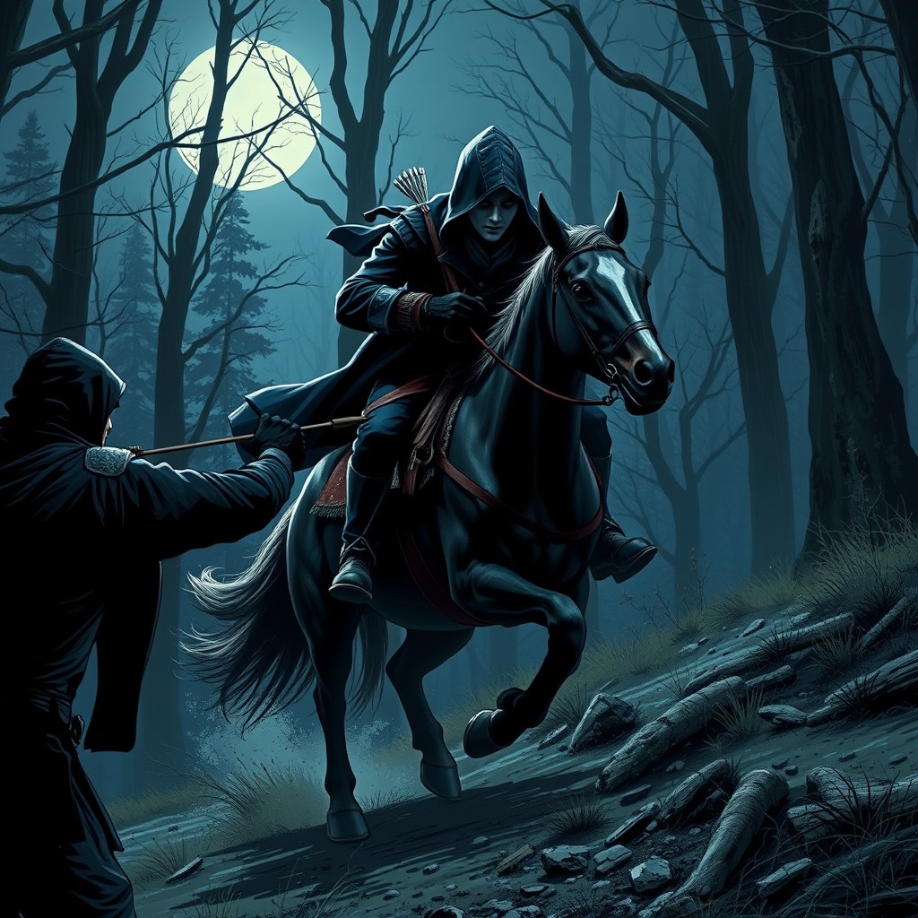 A young assassin clad in dark blue attire with a hood and a white mask covering the lower half of his face gallops on horseback down a slope through a mystical, moonlit forest