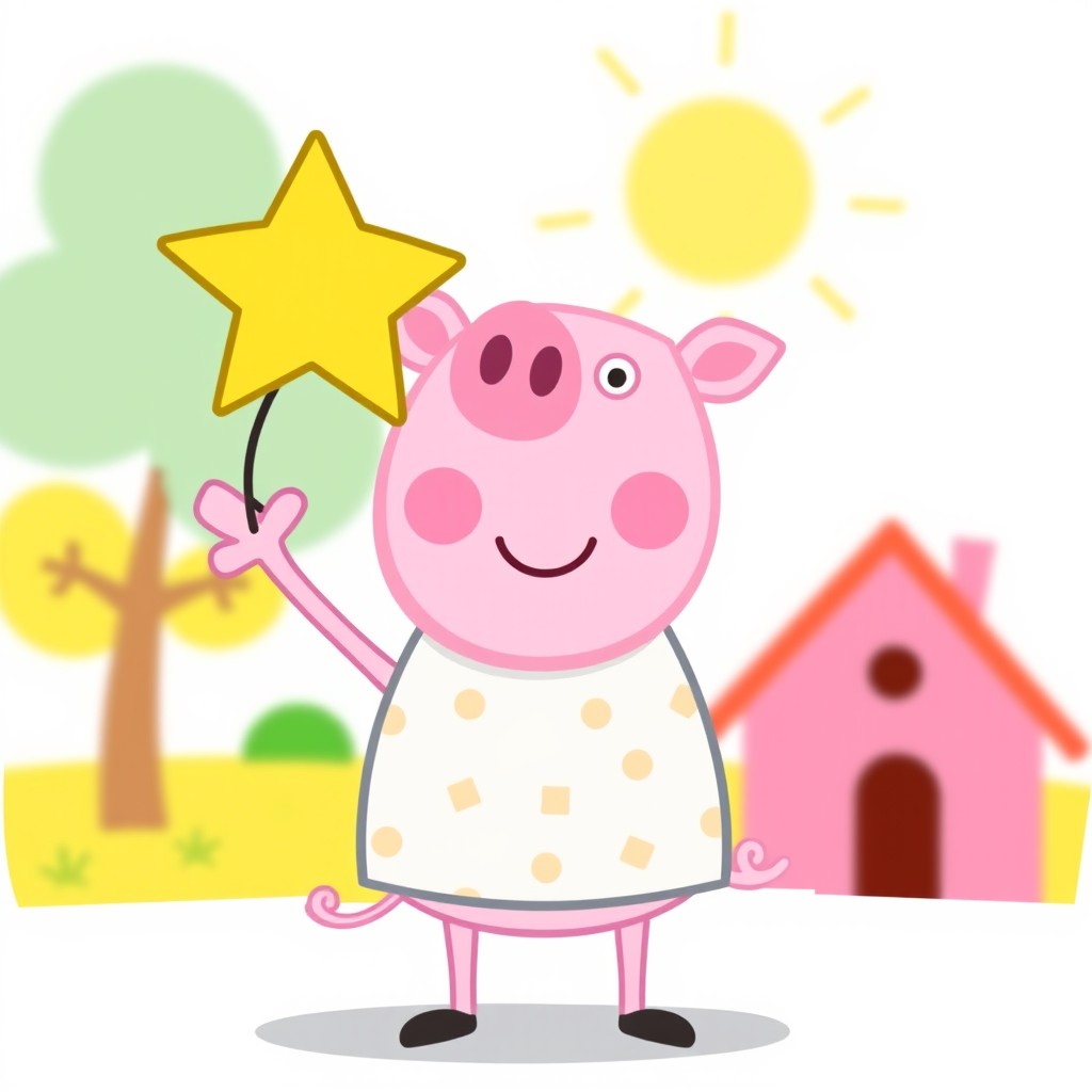 A cartoon-style illustration of a male pig standing proudly and holding a shining star in one hand