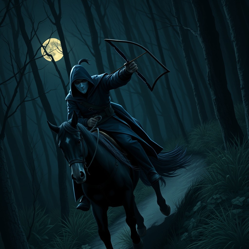 A young assassin dressed in dark blue attire with a hood and a white mask covering the lower half of his face rides swiftly on a horse down a slope through a dark, atmospheric forest illuminated by moonlight